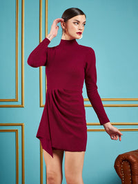 SASSAFRAS Maroon Self Design Gathered Detail High Neck Sheath Dress