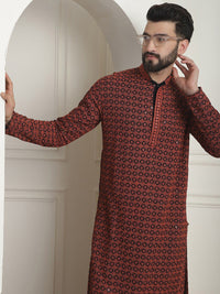 SOJANYA Kolar Mandarin Sulam Geometrik Lengan Panjang Kurta Lurus