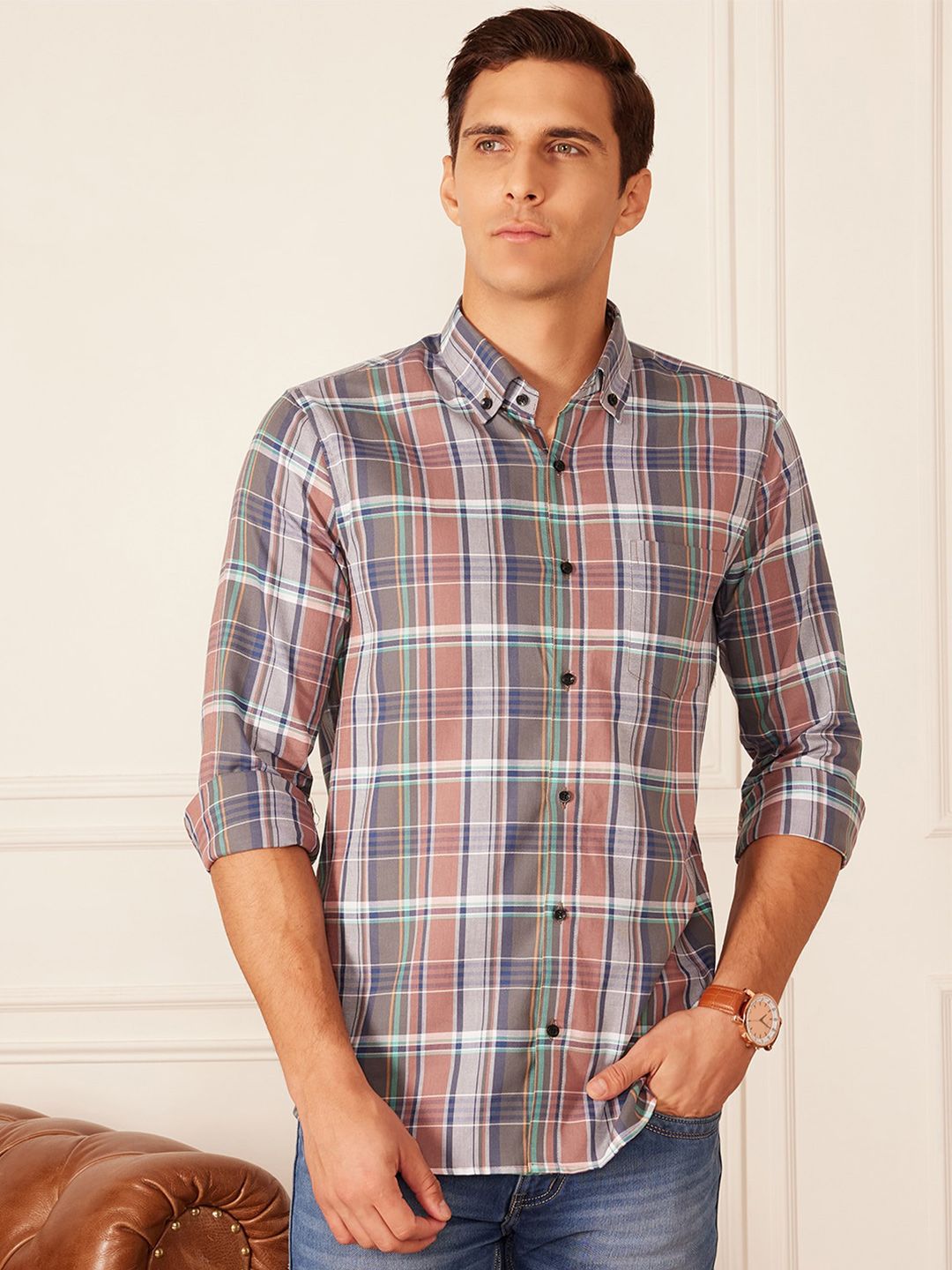 DENNISON Smart Tartan Checked Button-Down Collar Casual Shirt