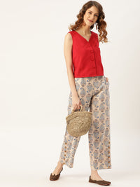 Shae by SASSAFRAS Women Beige & Blue Loose Fit Printed Regular Trousers