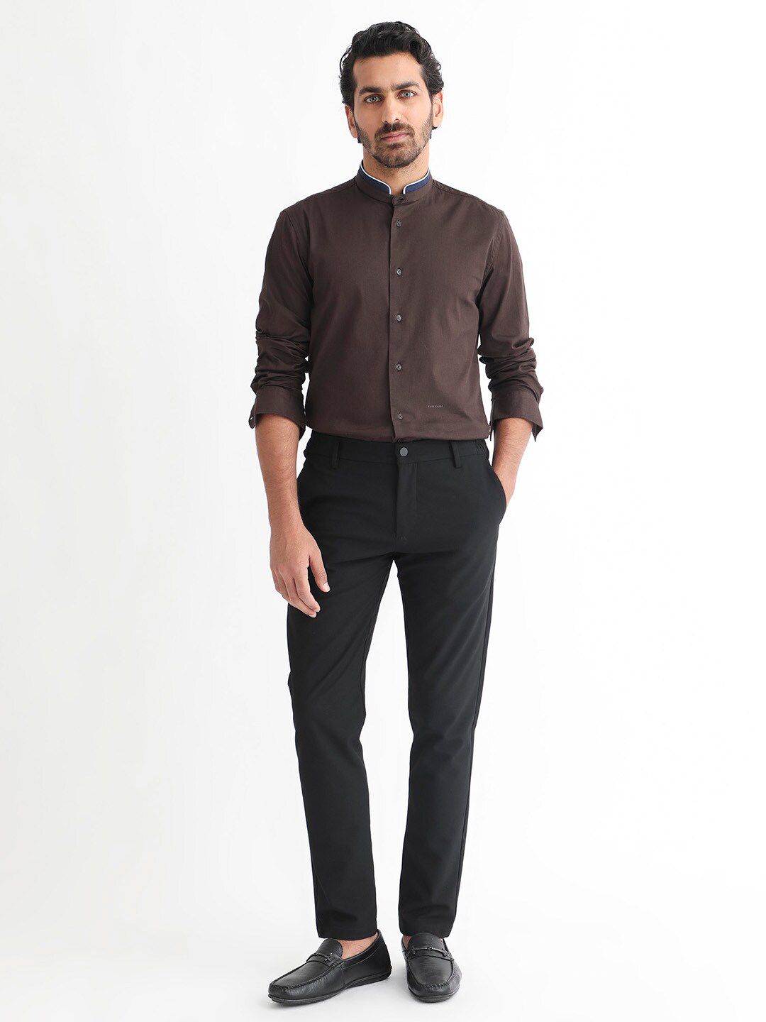 RARE RABBIT Men Tehran Band Collar Slim Fit Shirt