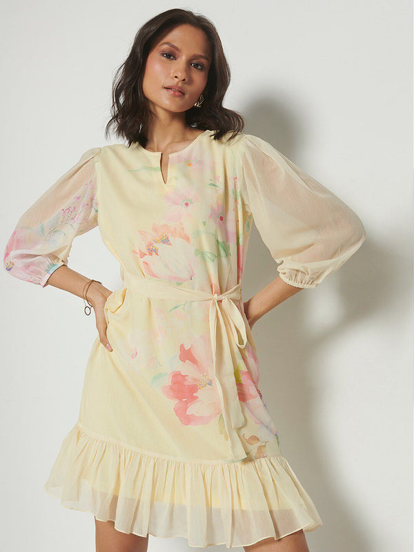 AND Floral Printed Puff Sleeves Gathered Detailed A-Line Dress