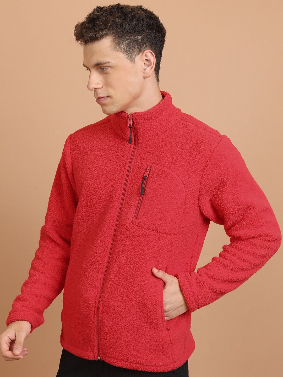 HIGHLANDER Red Mock Collar Front-Open Sweatshirt