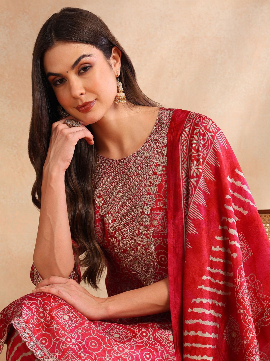 KALINI Ethnic Motifs Embroidered Round Neck Straight Kurta with Trousers & With Dupatta