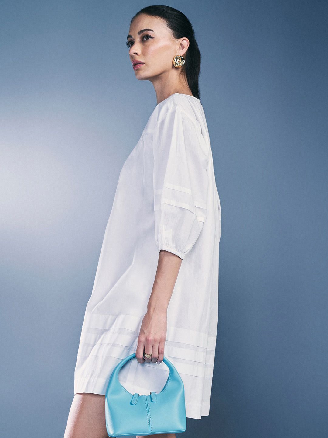 AND Round Neck Three Quarter Puff Sleeves A-Line Cotton Dress