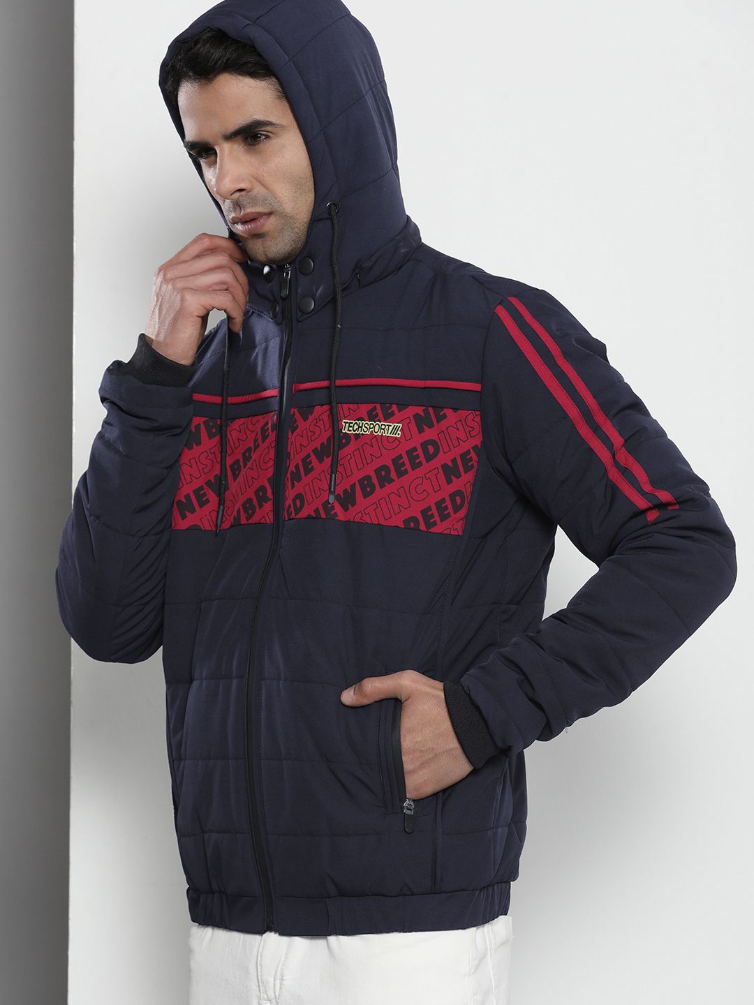 The Indian Garage Co Men Striped Detachable Hood Padded Jacket