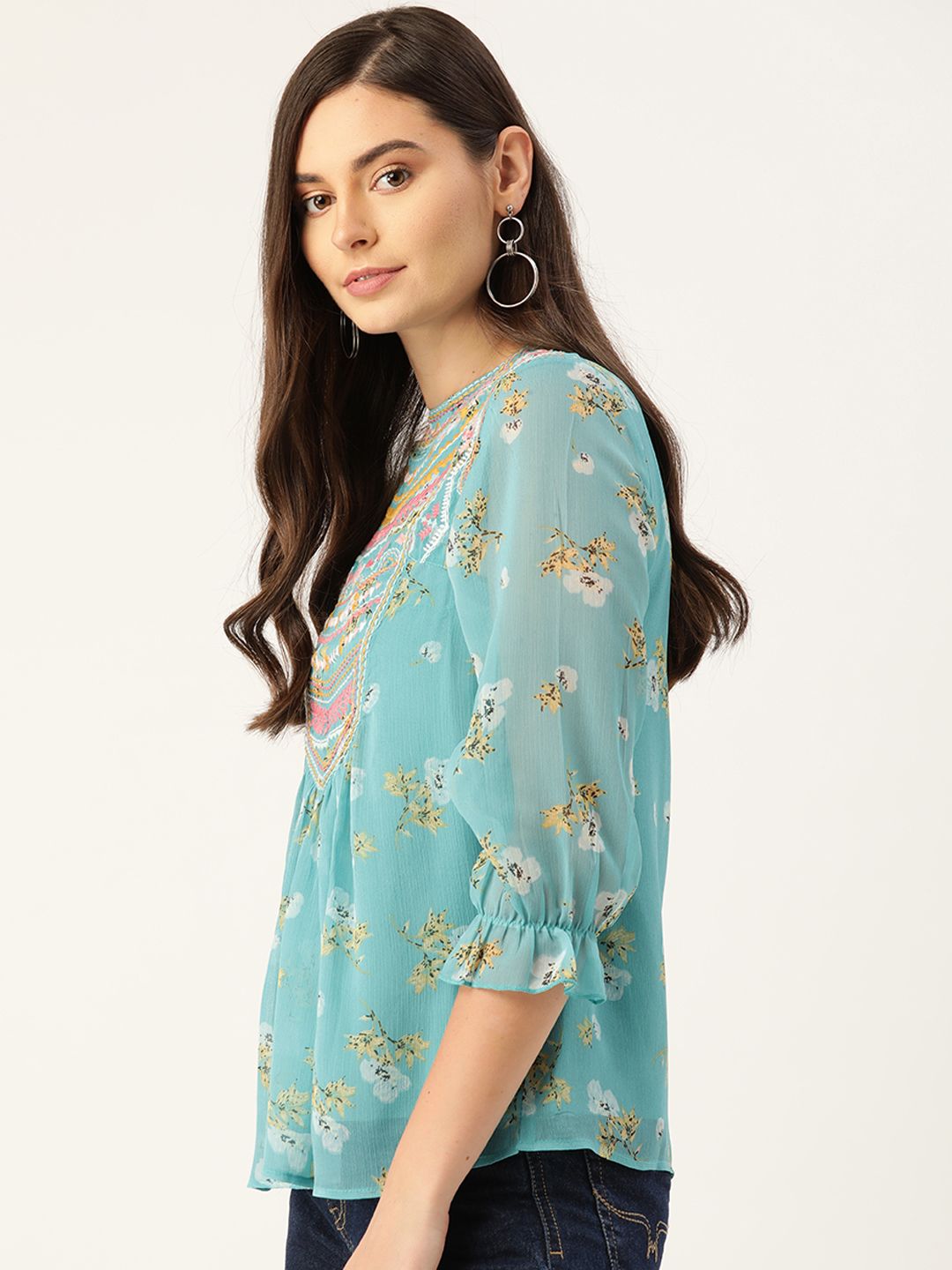 Antheaa Women Blue & Yellow Floral Print A-Line Top