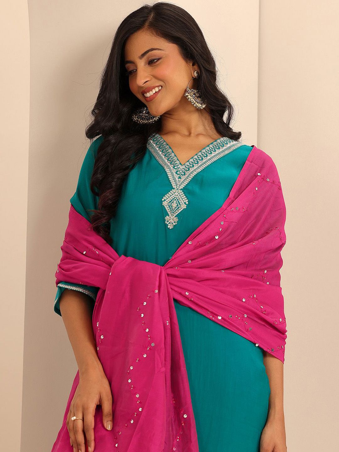 Gerua By Libas Floral Yoke Design Sequinned V-Neck Straight Kurta With Salwar & Dupatta