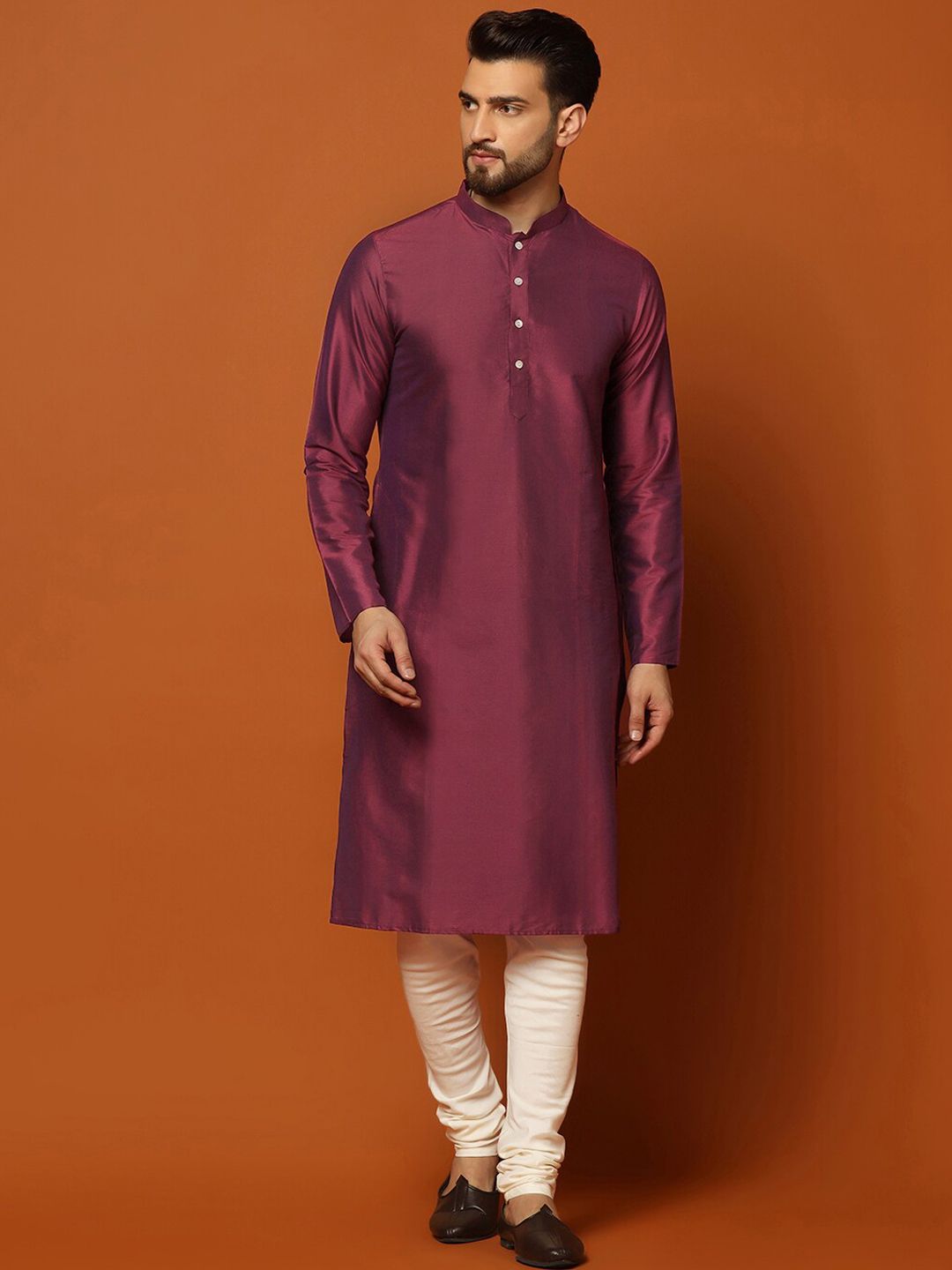 KISAH Mandarin Collar Regular Kurta with Churidar & Woven Design Nehru Jacket