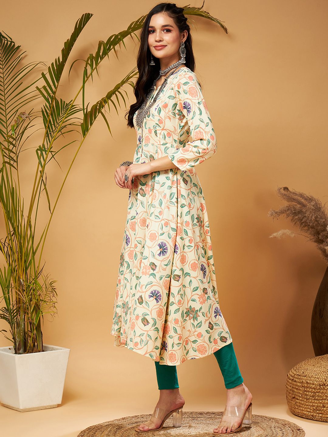 Shae by SASSAFRAS Beige Floral Printed  Front Open Anarkali Kurta