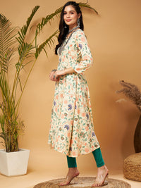 Shae by SASSAFRAS Beige Floral Printed  Front Open Anarkali Kurta