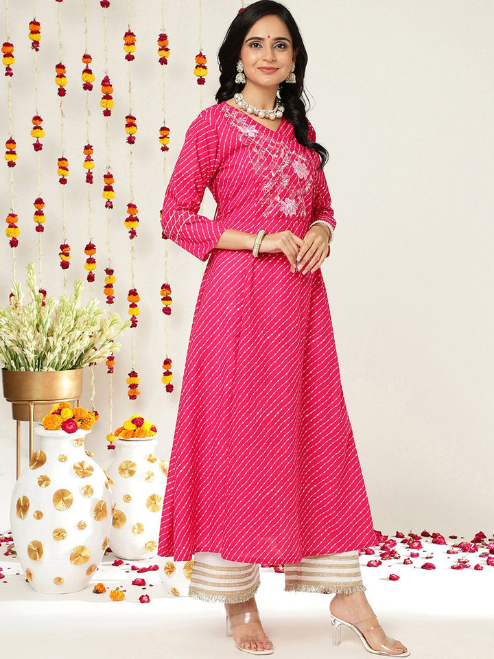 Varanga Women Pink & White Leheriya Printed Angrakha Kurta With Embroidery