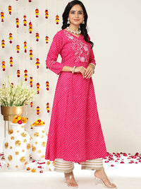 Varanga Women Pink & White Leheriya Printed Angrakha Kurta With Embroidery