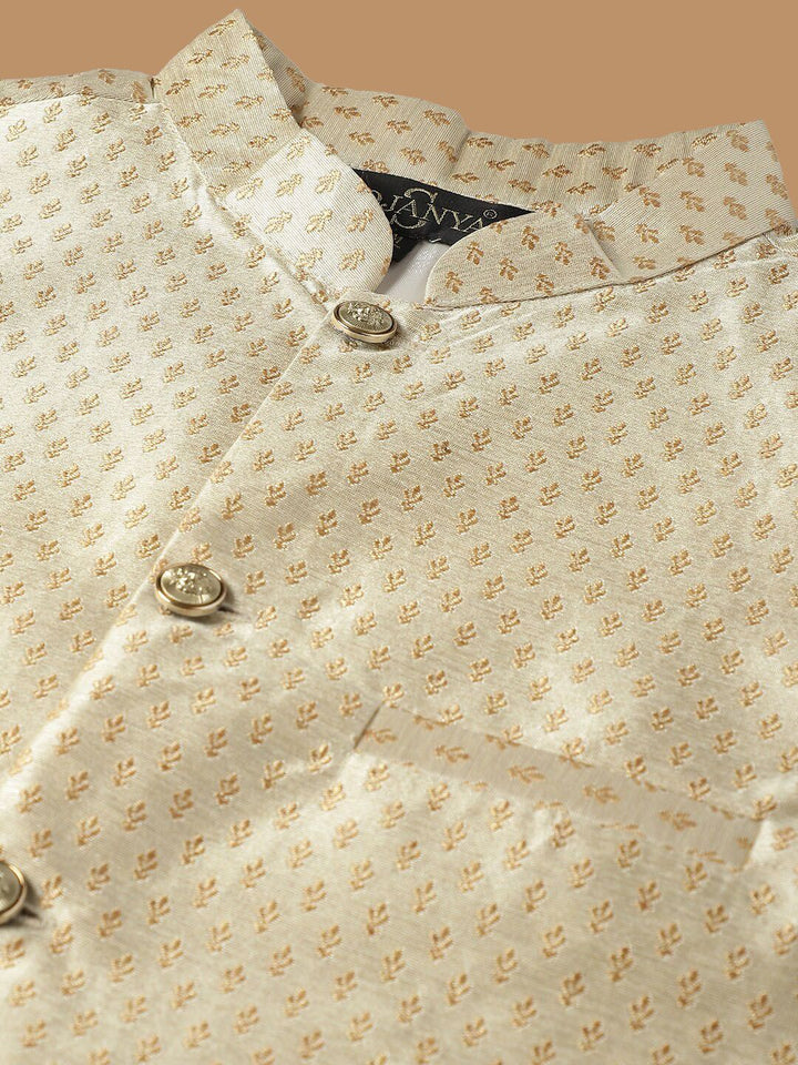 SOJANYA Embroidered Sequinned Pure Cotton Kurta with Churidar & Woven Design Nehru Jacket