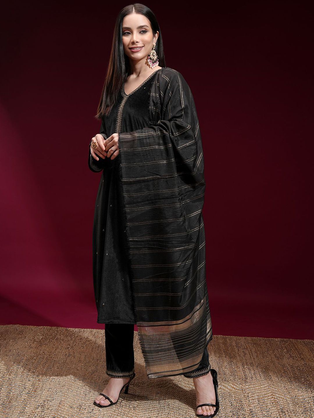 Vishudh Women Embroidered Velvet Straight Kurta with Slim Palazzo and Dupatta