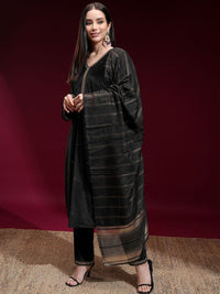 Vishudh Women Embroidered Velvet Straight Kurta with Slim Palazzo and Dupatta