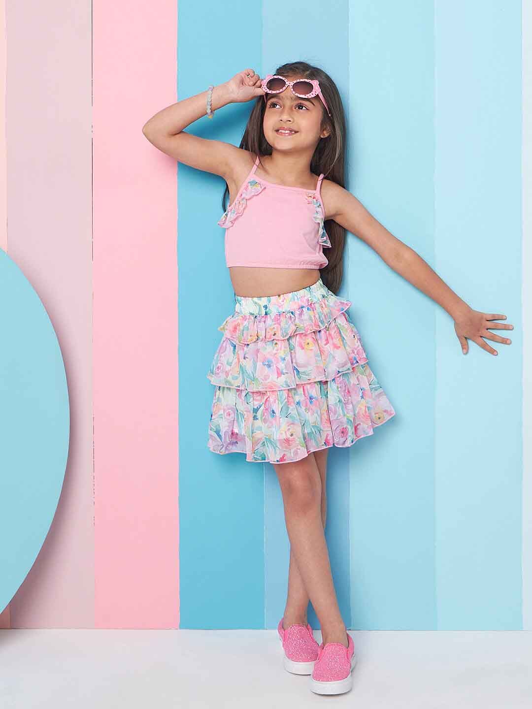 pspeaches Girls Round Neck Ruffled Top with Skirt