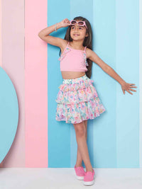 pspeaches Girls Round Neck Ruffled Top with Skirt