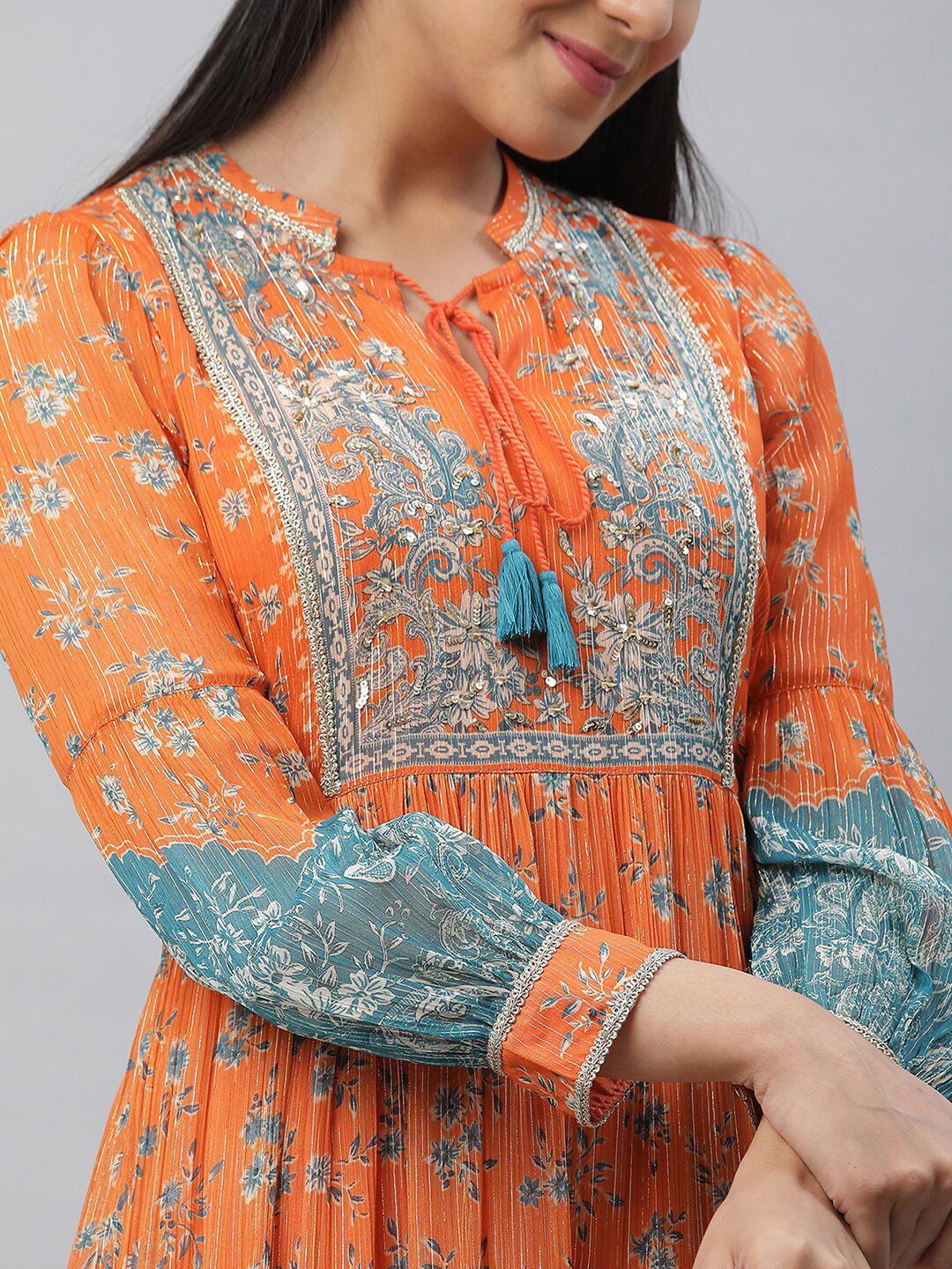 AURELIA Floral Printed Tie-Up Neck Cuffed Sleeves Tiered Detail Georgette Maxi Dress