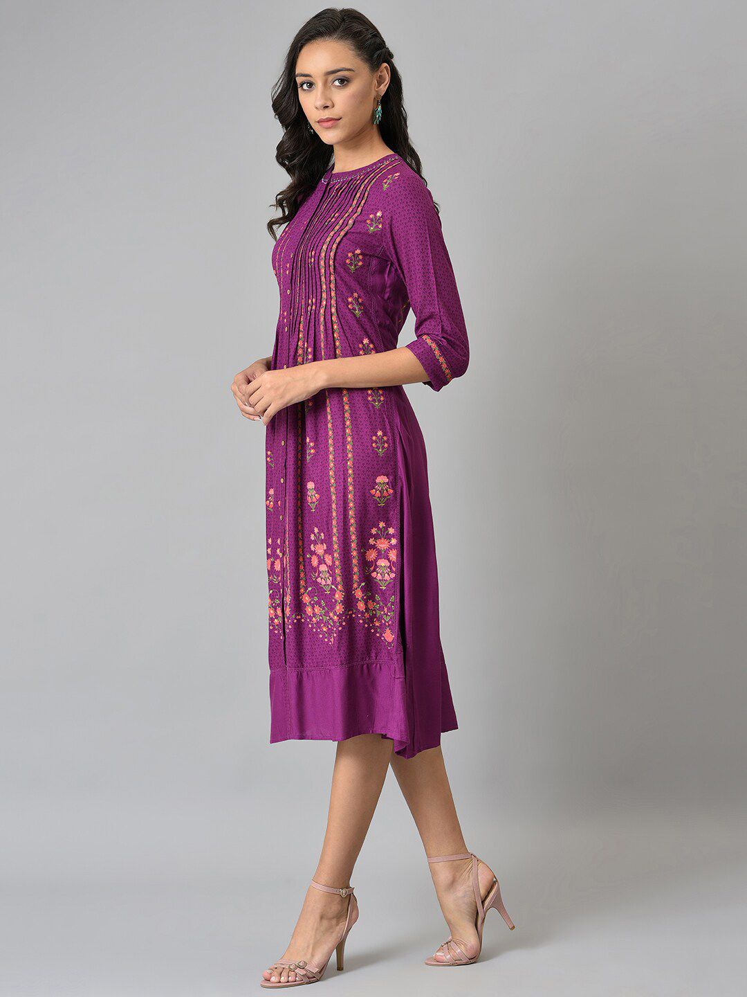 W Purple Ethnic Motifs Chiffon Ethnic A-Line Midi Dress