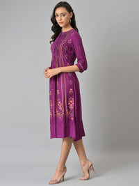 W Purple Ethnic Motifs Chiffon Ethnic A-Line Midi Dress