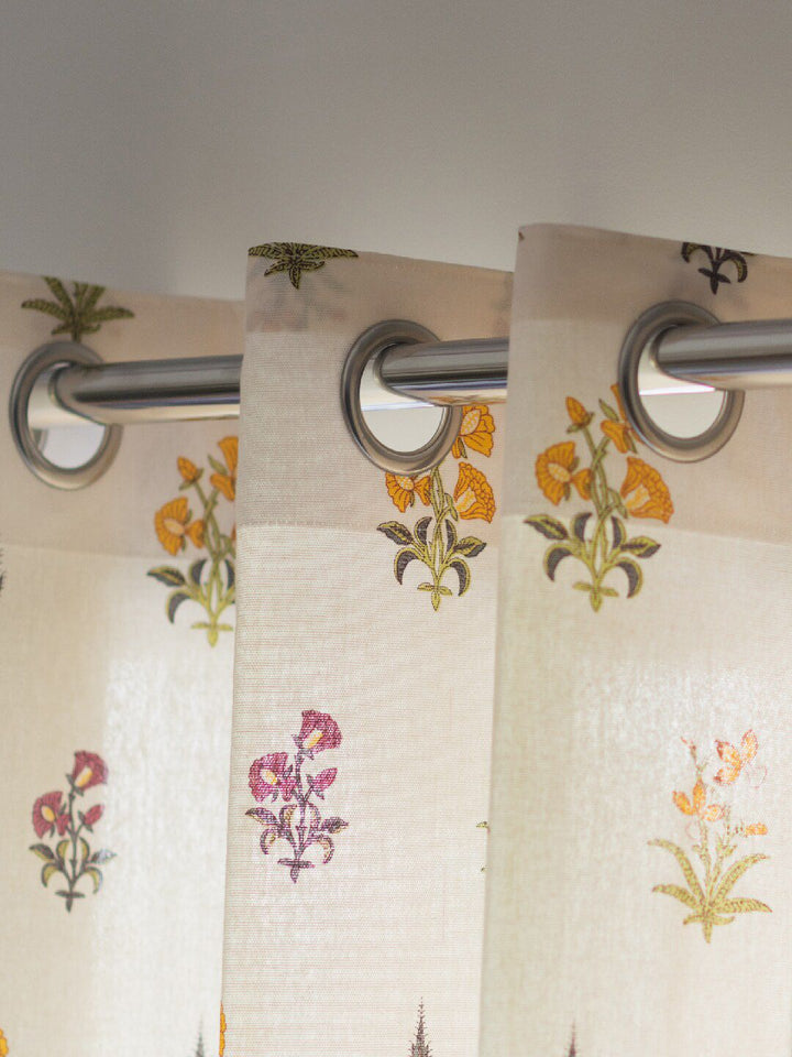 URBAN SPACE Yellow & Green 2-Pieces Floral Cotton Window Curtains
