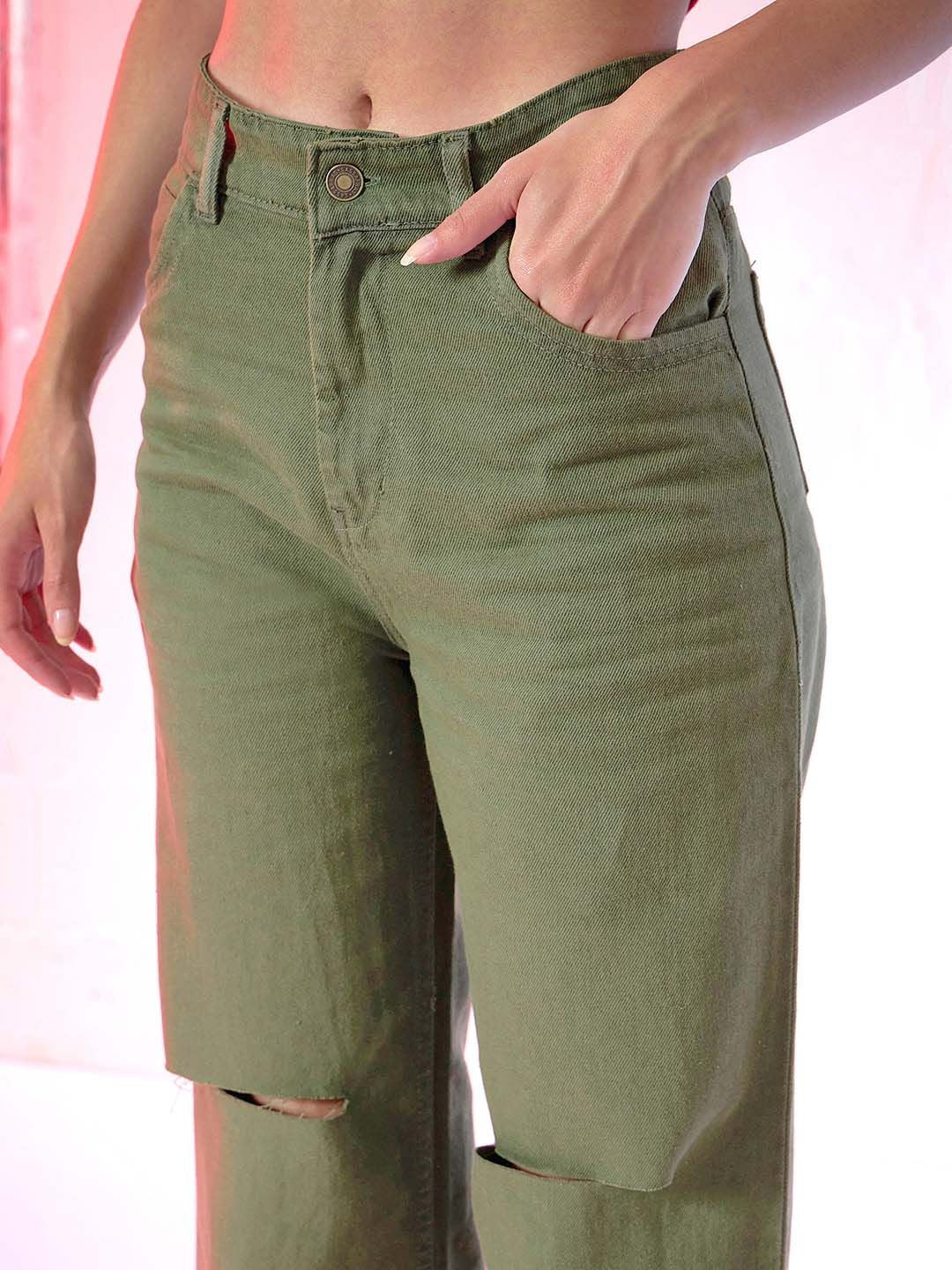 SASSAFRAS Women Olive Green Wide Leg High-Rise Jeans