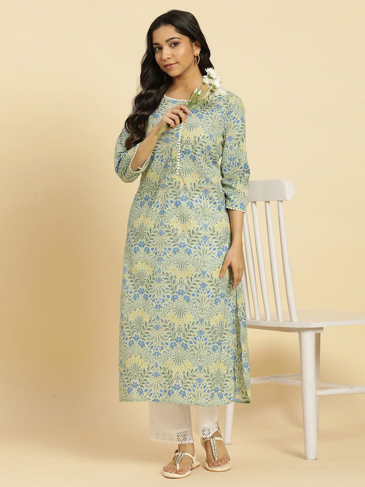 W Green Floral Printed Keyhole Neck Gotta Patti Cotton A-Line Kurta