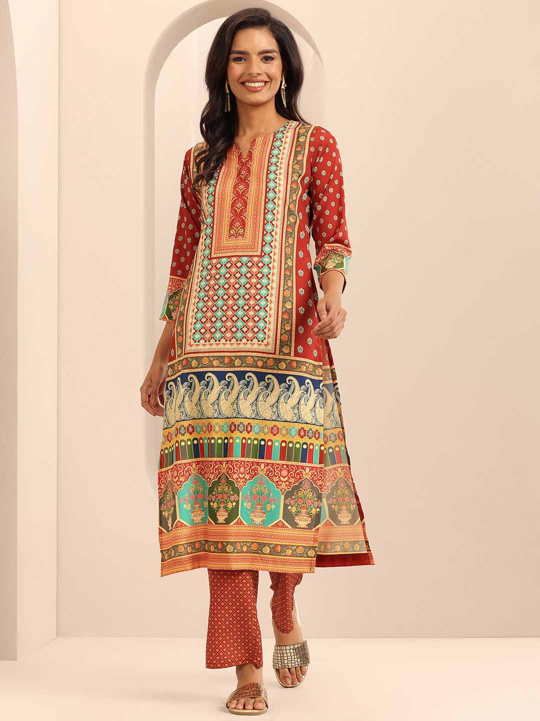 Libas Ethnic Motifs Printed Notched Neck Straight Kurta With Palazzos