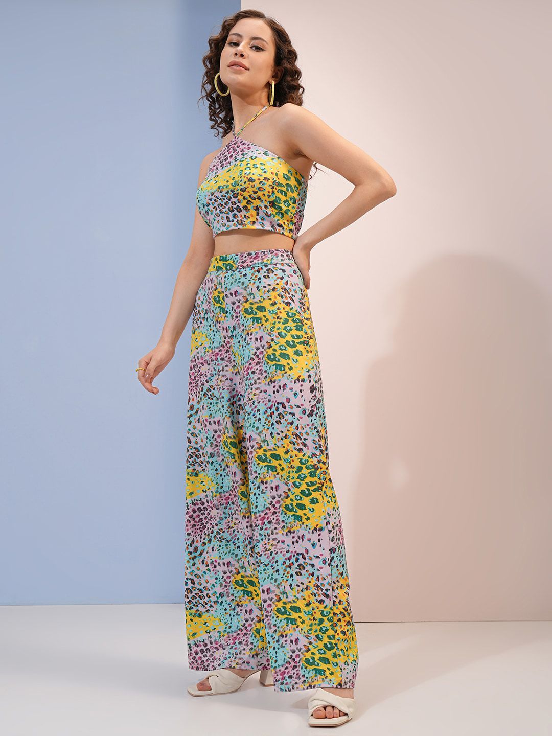 Tokyo Talkies Pink Animal Skin Printed Halter Neck Top And Trouser