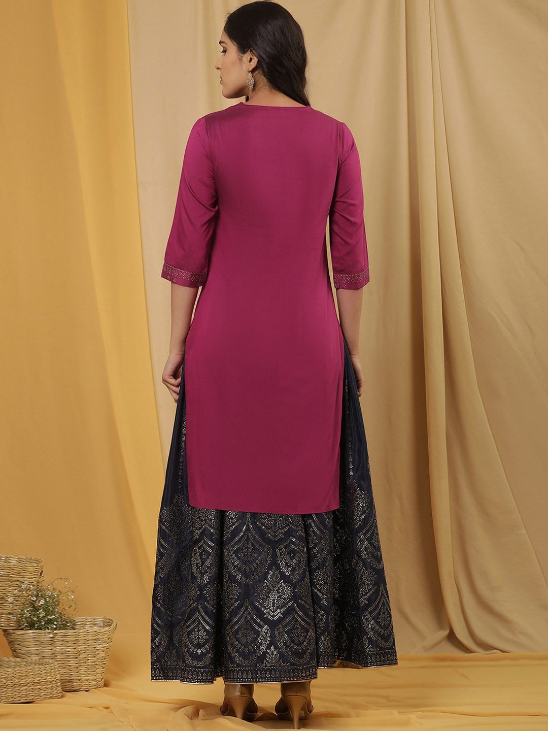 W Geometric Printed Regular Beads and Stones Kurta with Skirt