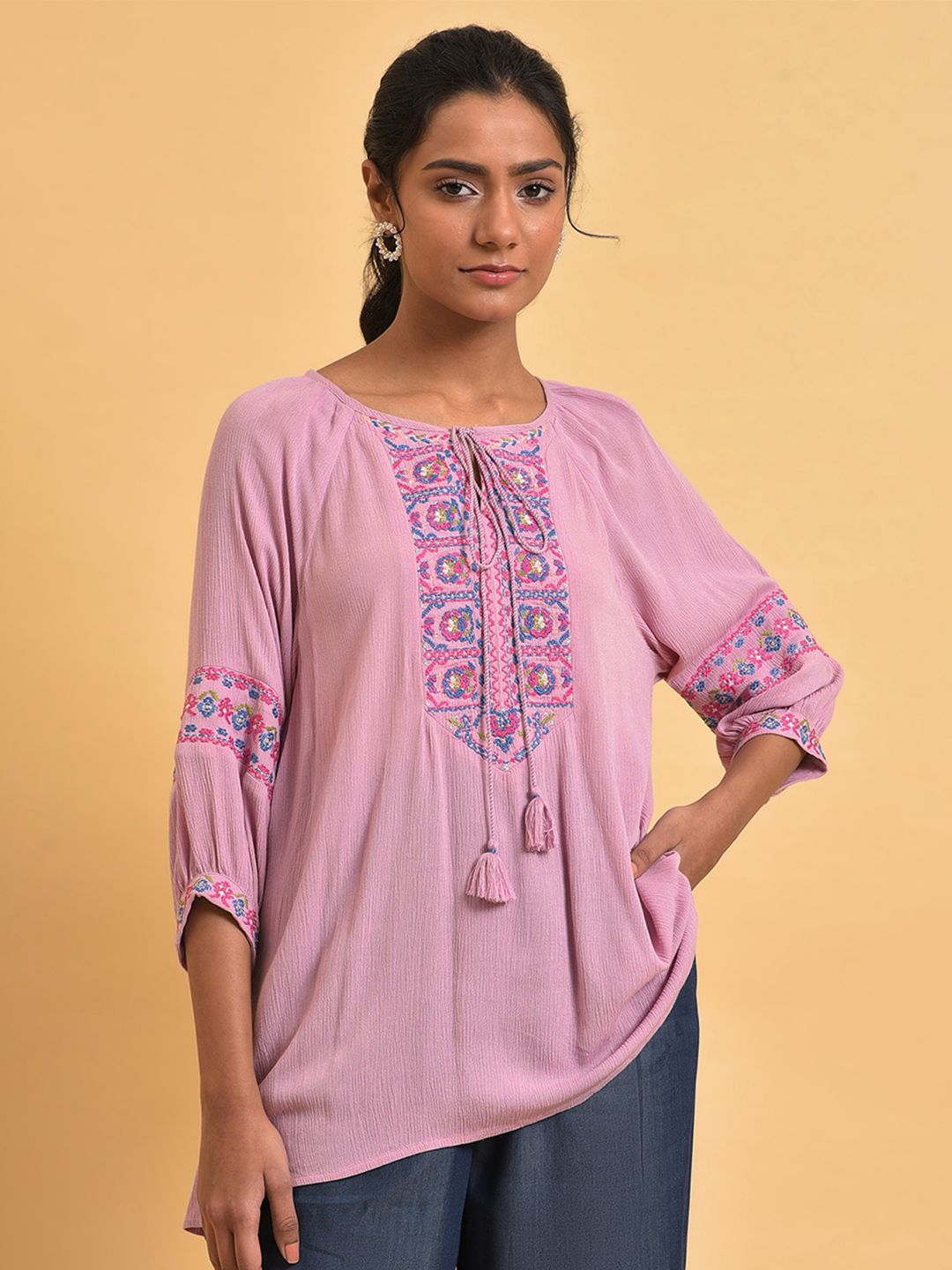 W Pure Cotton Print Tie-Up Neck Top