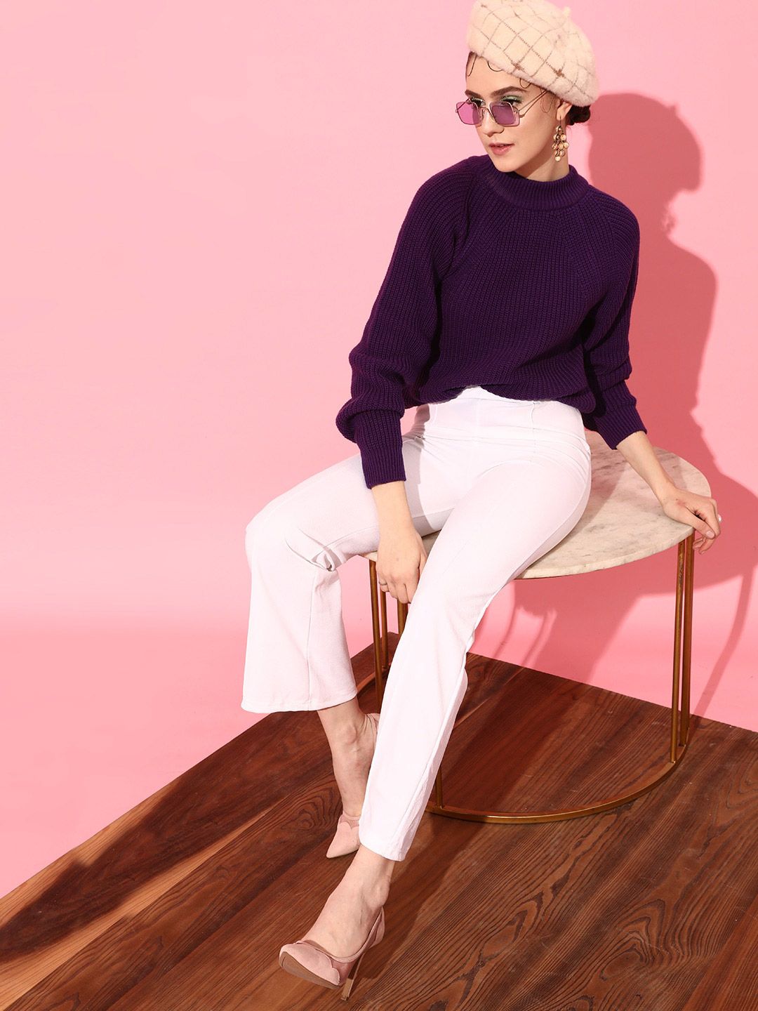 STREET 9 Women Purple Ribbed Long Sleeves Acrylic Pullover