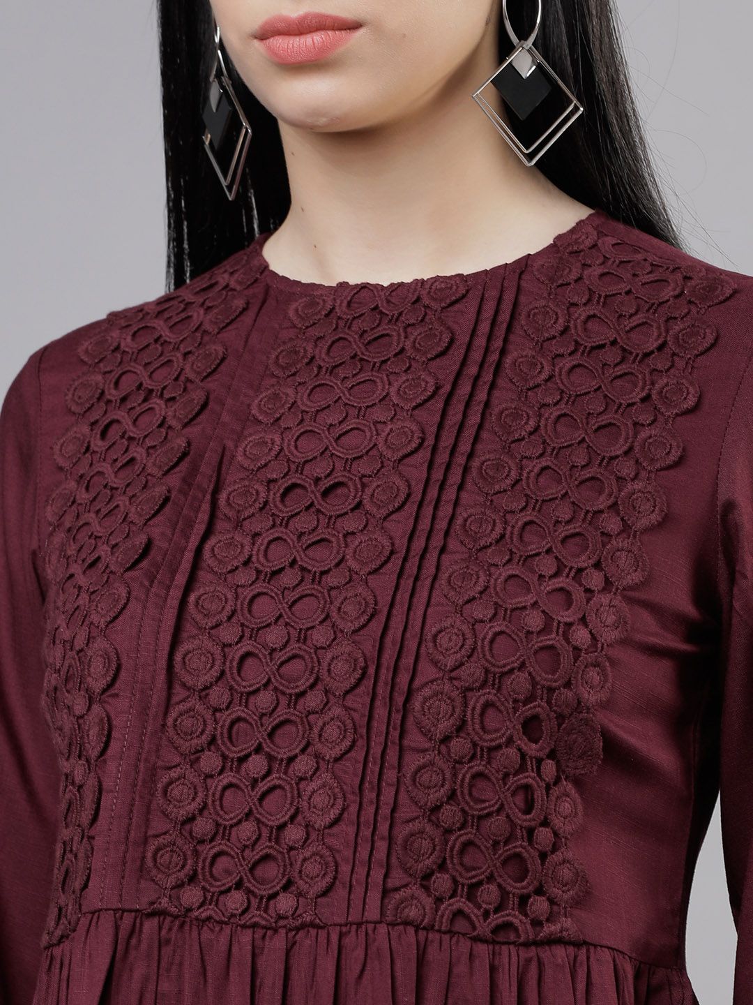 Tokyo Talkies Burgundy Lace Inserts Peplum Top