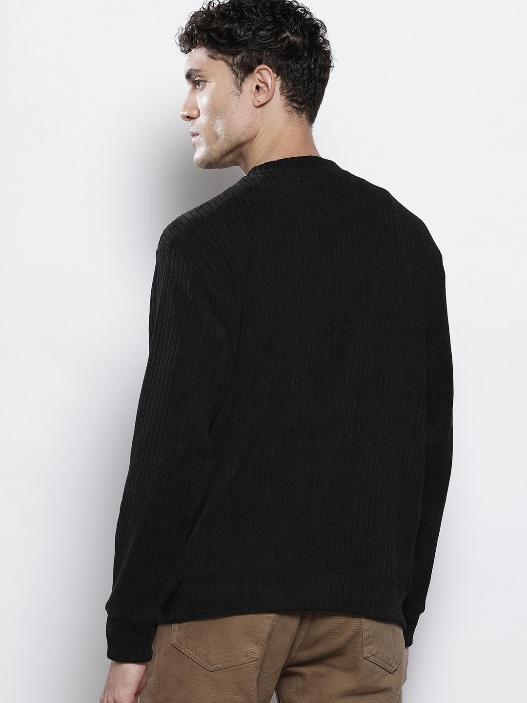 The Indian Garage Co Self Design Henley Neck Drop-Shoulder Sleeves Corduroy Sweatshirt