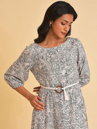 W White Ethnic Motif Printed A-Line Midi Dress With Belt