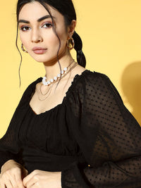 Berrylush Women Stylish Black Solid Dobby Weave Top