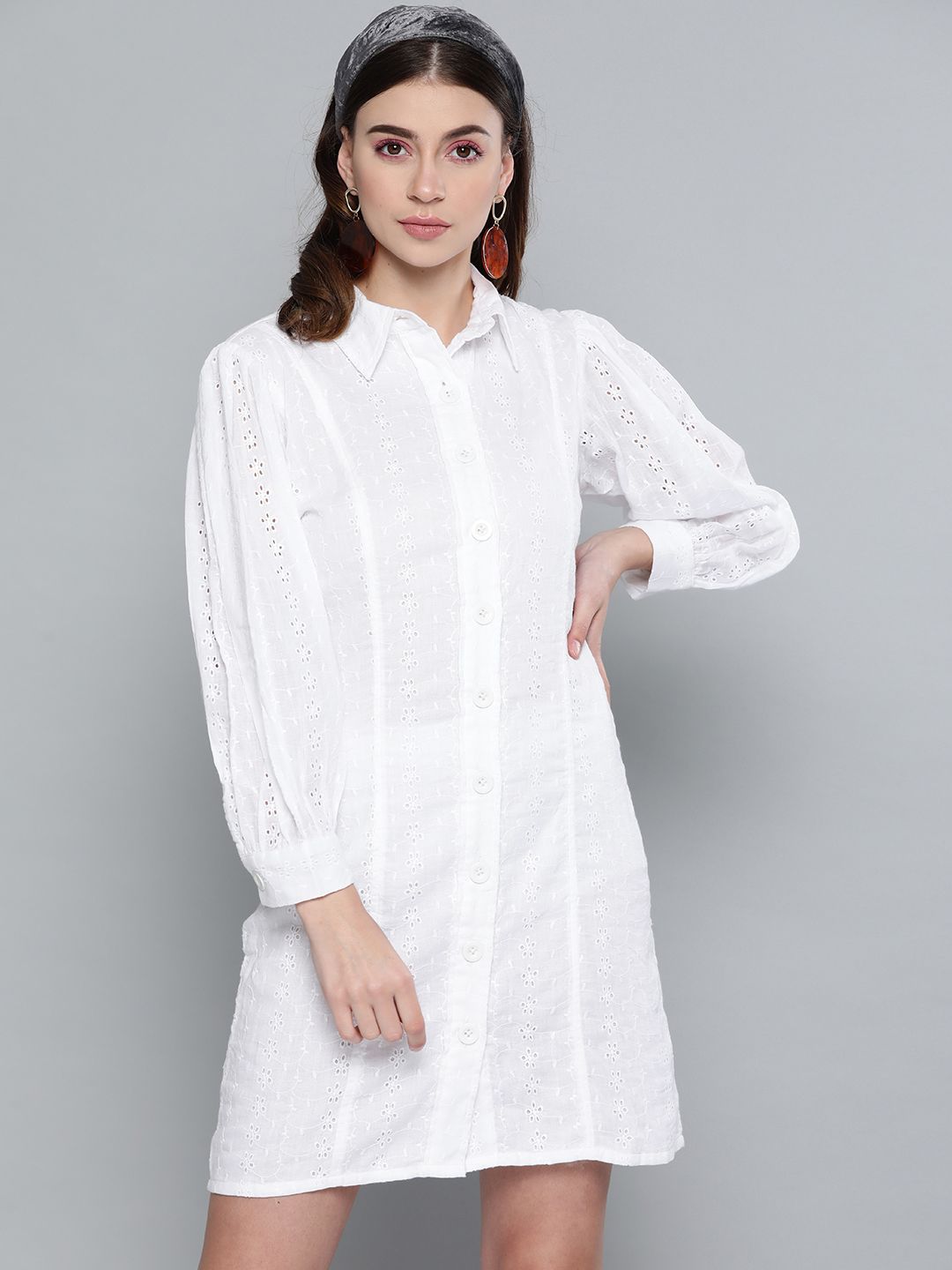 SASSAFRAS Women White Schiffli Embroidered Shirt Dress