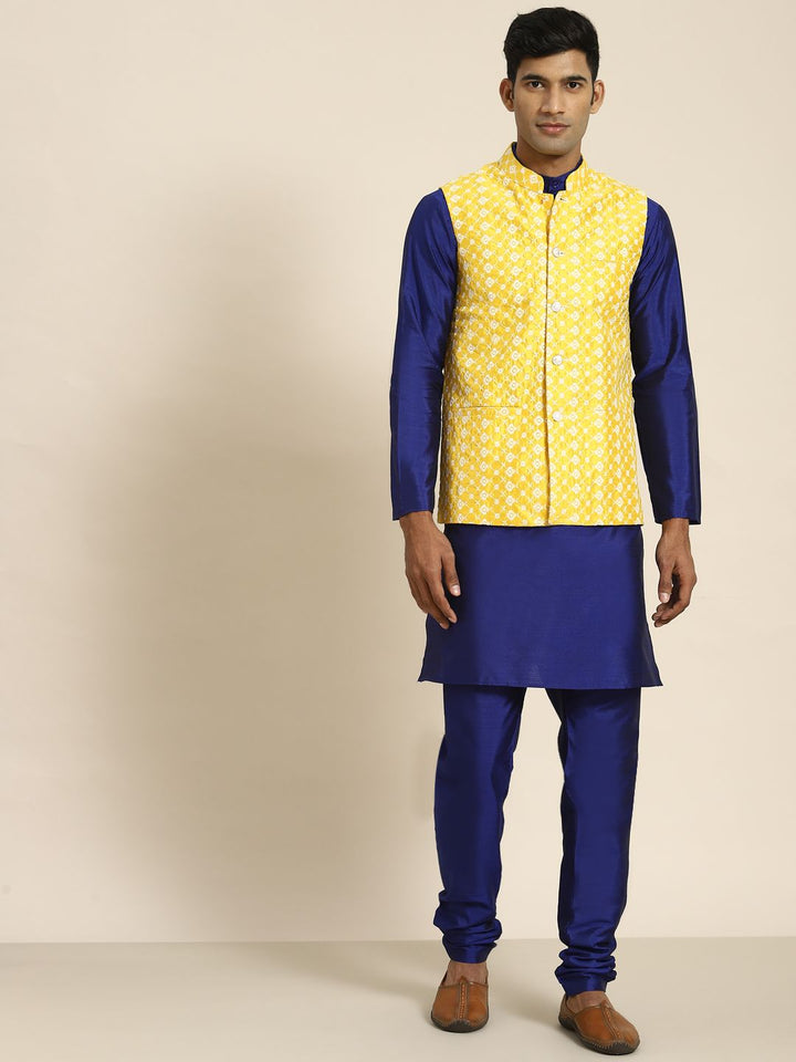 SOJANYA Lelaki Navy Blue Motif Etnik Sulam Kurta Churidar