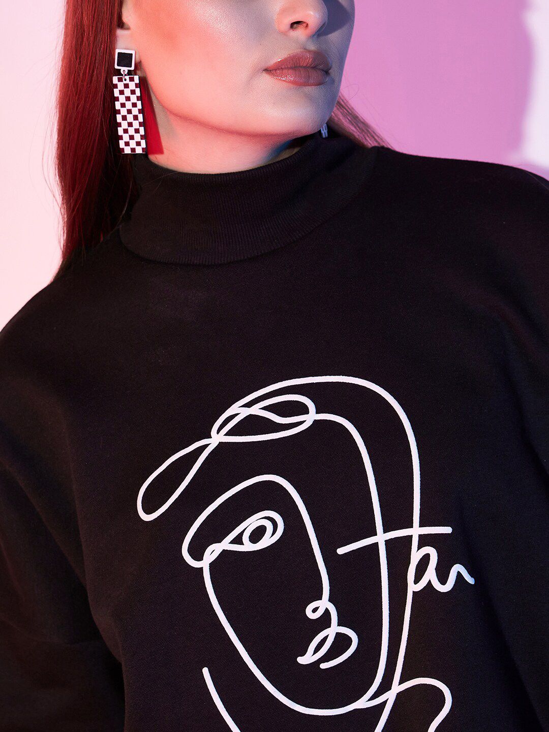 STREET 9 Graphic Printed Turtle Neck Fleece Pullover Sweatshirt