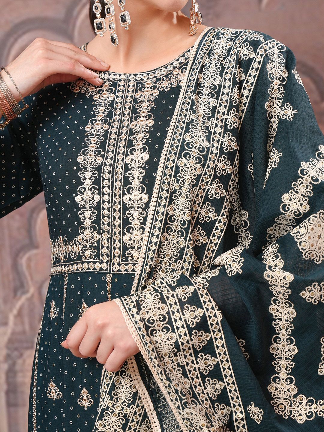 Vishudh Green Embroidered Regular Kurta with Trousers & Dupatta