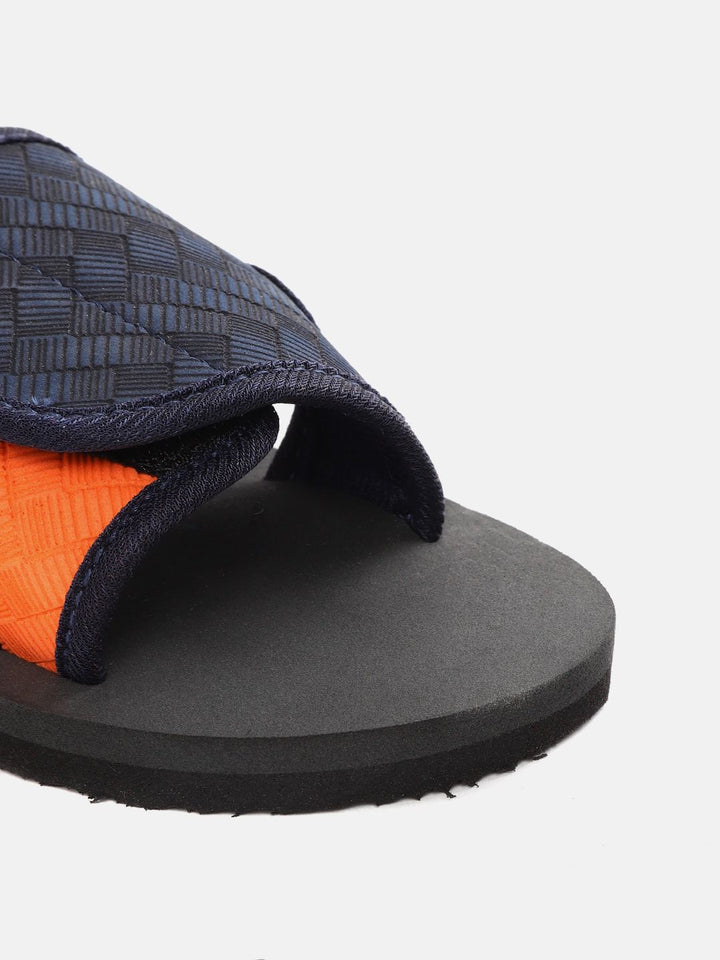 YK Boys Navy Blue & Orange Chevron Textured Sliders with Cut-Out Detail