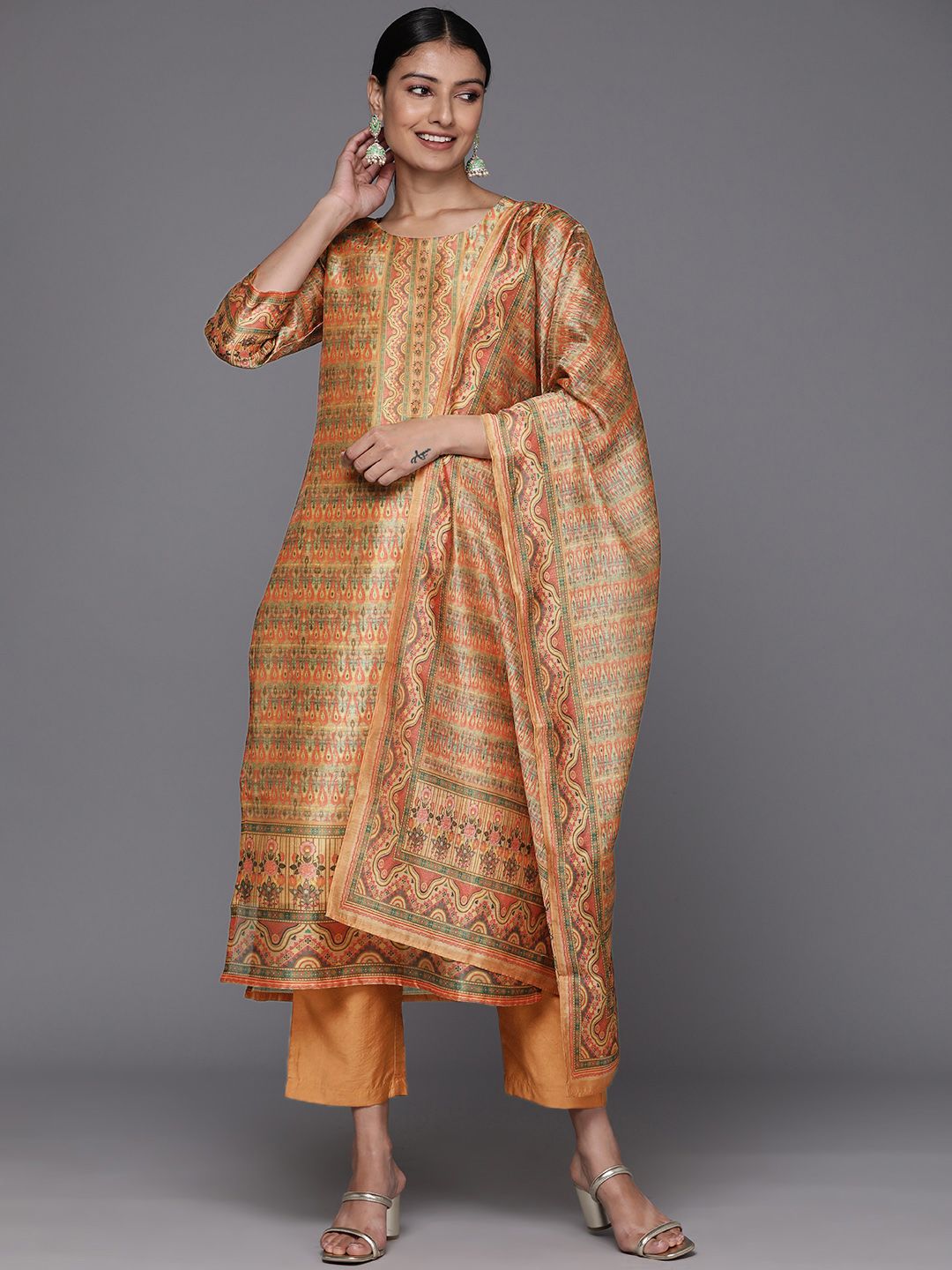 Varanga Women Coral Printed Regular Chanderi Silk Kurta with Trousers & With Dupatta