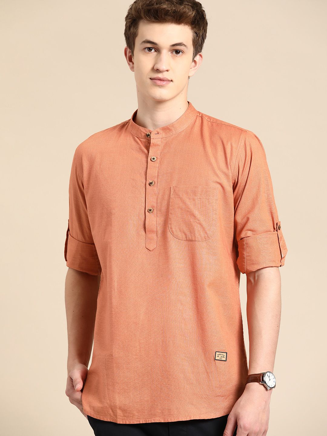 DENNISON Men Mandarin Collar Roll-Up Sleeves Kurta