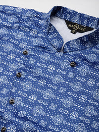SOJANYA Men Blue Kurta with Churidar & Printed Jacket