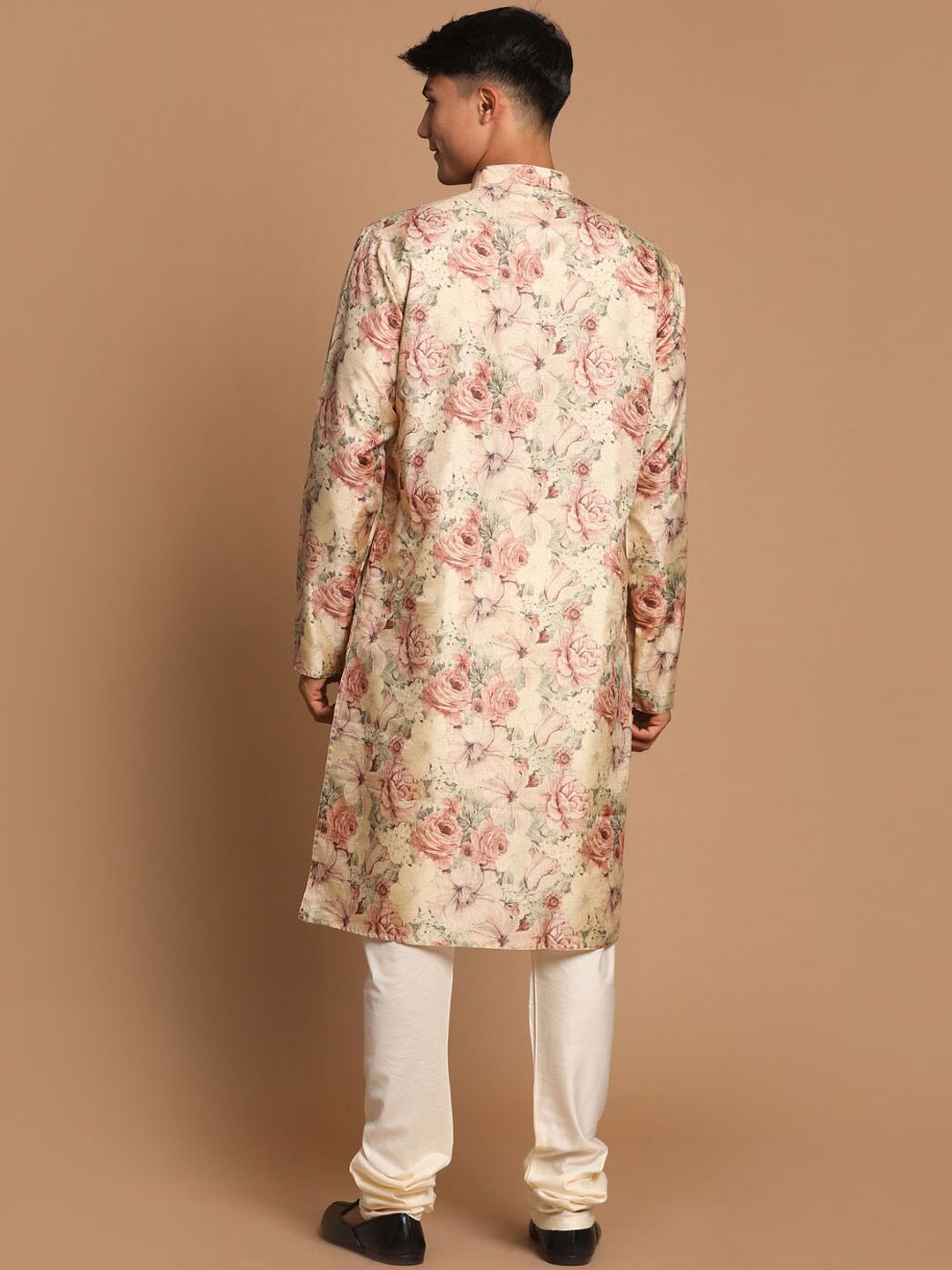VASTRAMAY Men Beige Floral Printed Angrakha Kurta with Pyjamas