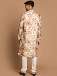 VASTRAMAY Men Beige Floral Printed Angrakha Kurta with Pyjamas