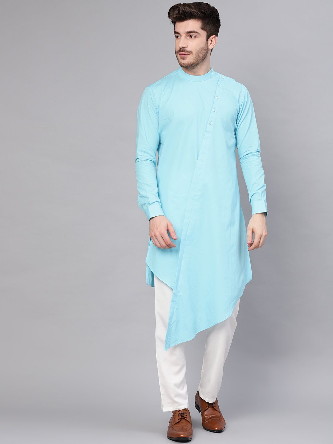 See Designs Men Blue Solid Asymmetrical Hemline Straight Kurta