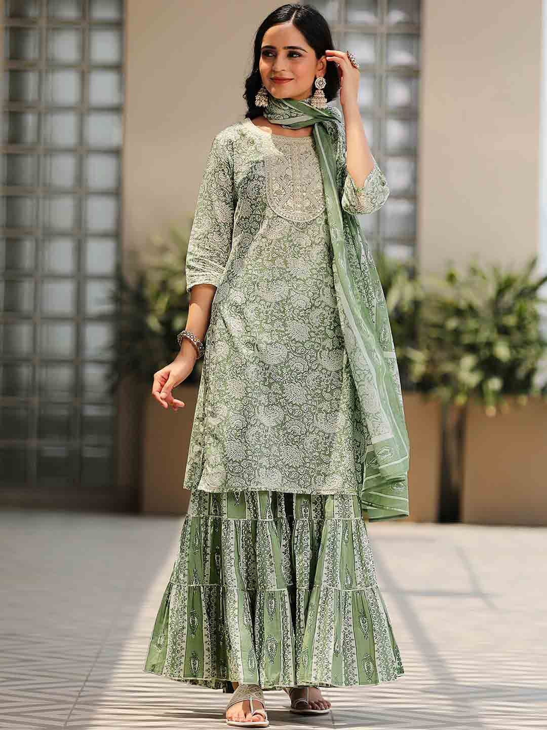 Libas Floral Printed Round Straight Pure Cotton Kurta & Sharara With Dupatta