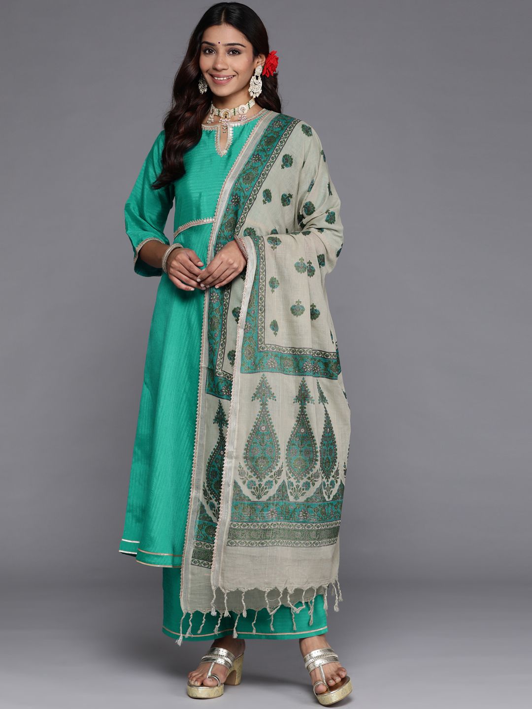 Libas Women Green Gotta Patti Kurta with Palazzos & With Dupatta
